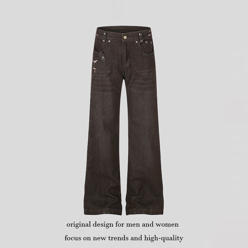 Damen Weite High‑Waist Denimhose mit geradem Bein und Utility‑Pattentaschen Drune