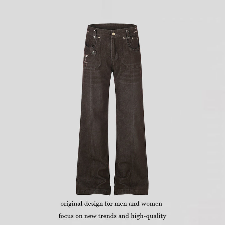 Damen Weite High‑Waist Denimhose mit geradem Bein und Utility‑Pattentaschen Drune