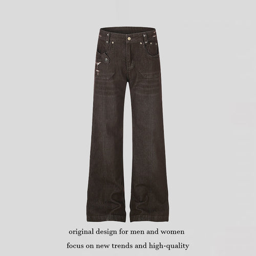 Damen Weite High‑Waist Denimhose mit geradem Bein und Utility‑Pattentaschen Drune