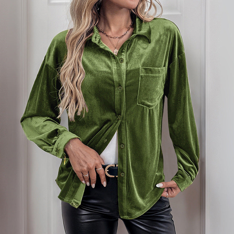 Damen Elegante Veloursbluse mit Brusttasche Drune