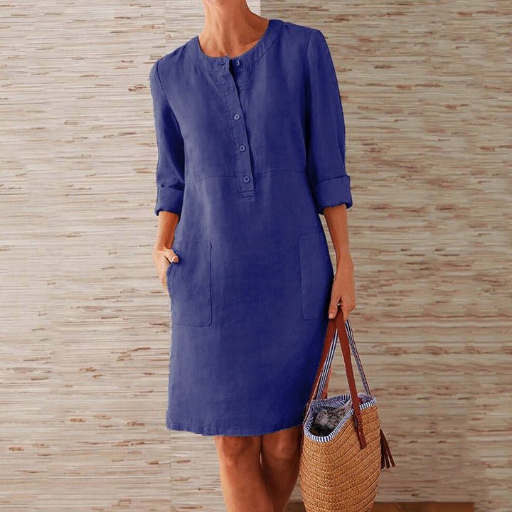Damen Locker geschnittenes Leinenoptik-Kleid mit dreiviertel-Ärmeln, Knopfleiste und Eingrifftaschen Drune