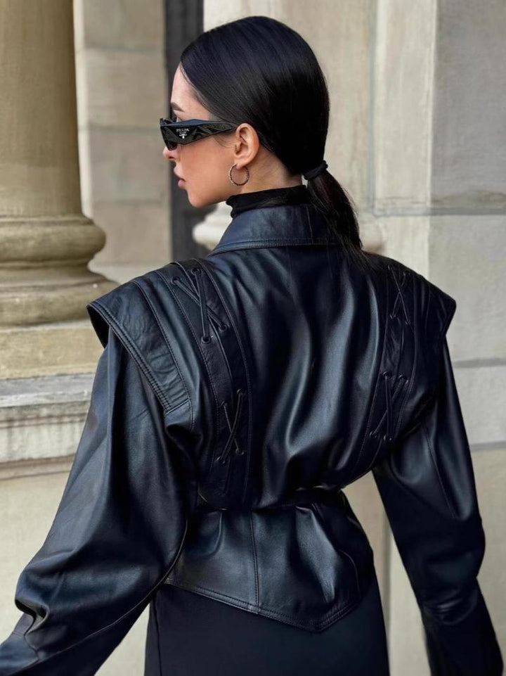 Drune | Schwarzer PU-Leder Damen Blazer mit Gürtel