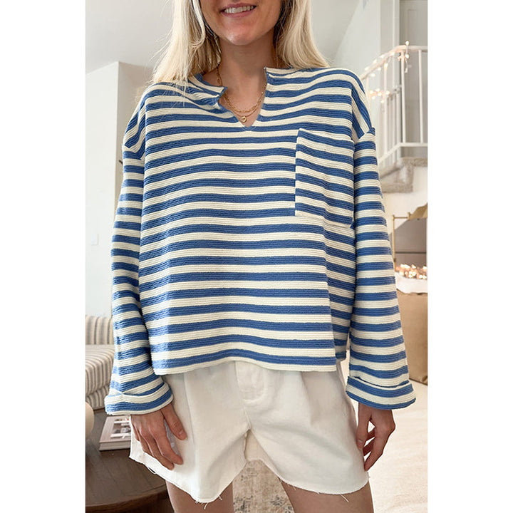 Damen gestreiftes Sweatshirt mit V-Ausschnitt und Brusttasche Drune