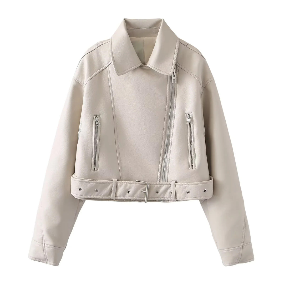 Damen nan kurzer Bikerjacke aus veganem Lederimitat mit asymmetrischem Reißverschluss, Taillengürtel und Schulterklappen Drune