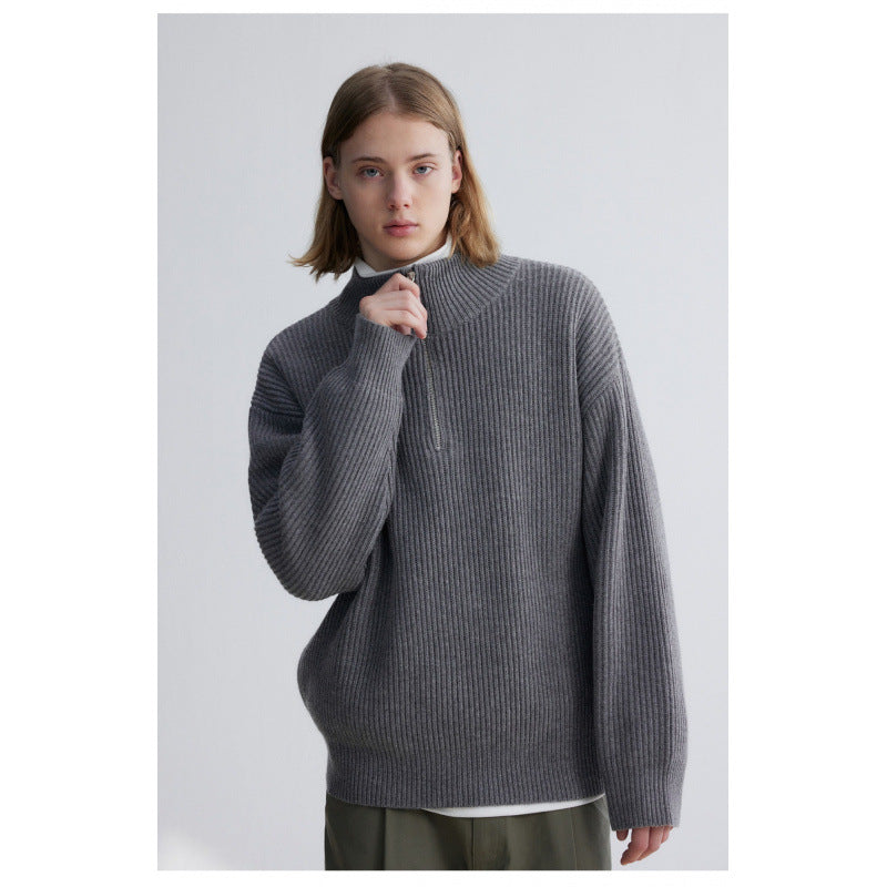 Herren Oversized Rippstrick-Halbzippullover mit verlängertem Arm und hohem Stehkragen Drune