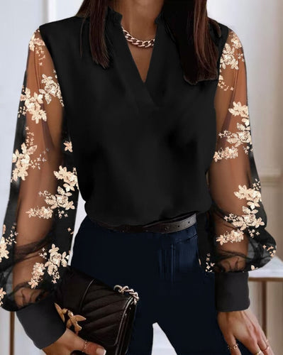Drune | Elegante Bluse Mit Transparenten Ärmeln, Bestickt Mit Blumen Für Damen