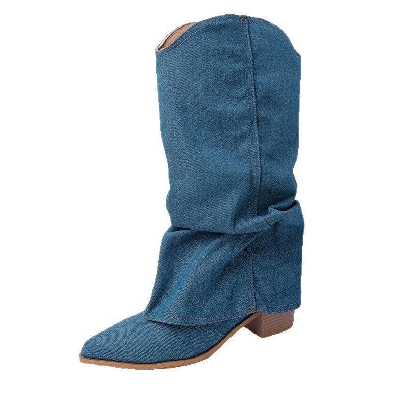 Damen Mid‑Calf Slouch‑Boots aus Denim mit spitzer Zehenpartie und mittelhohem Blockabsatz Drune