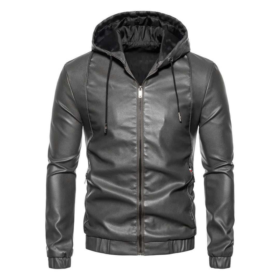 Herren Kapuzen-Lederjacke im Bikerstil mit Reißverschluss und schmaler Silhouette Drune
