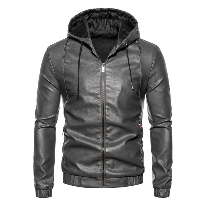 Herren Kapuzen-Lederjacke im Bikerstil mit Reißverschluss und schmaler Silhouette Drune