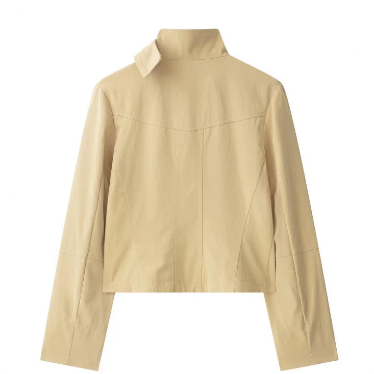 Damen Cropped Doppelreihige Kurzjacke im Blousonstil mit Stehkragen und Pattentaschen Drune