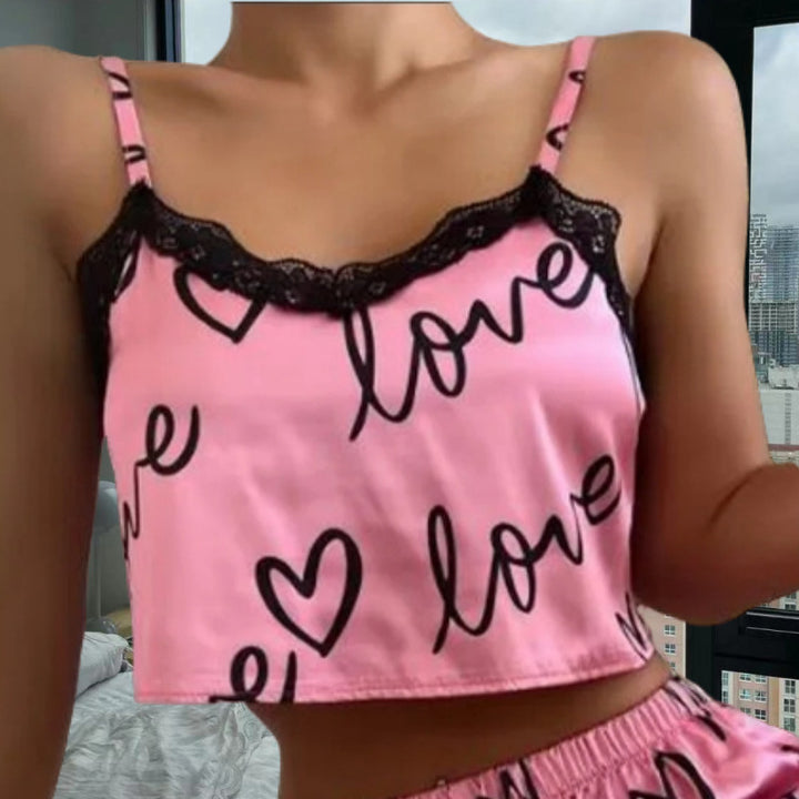 Damen Satin-Crop-Top und Shorts-Set mit Herzen und Spitzenakzenten Drune