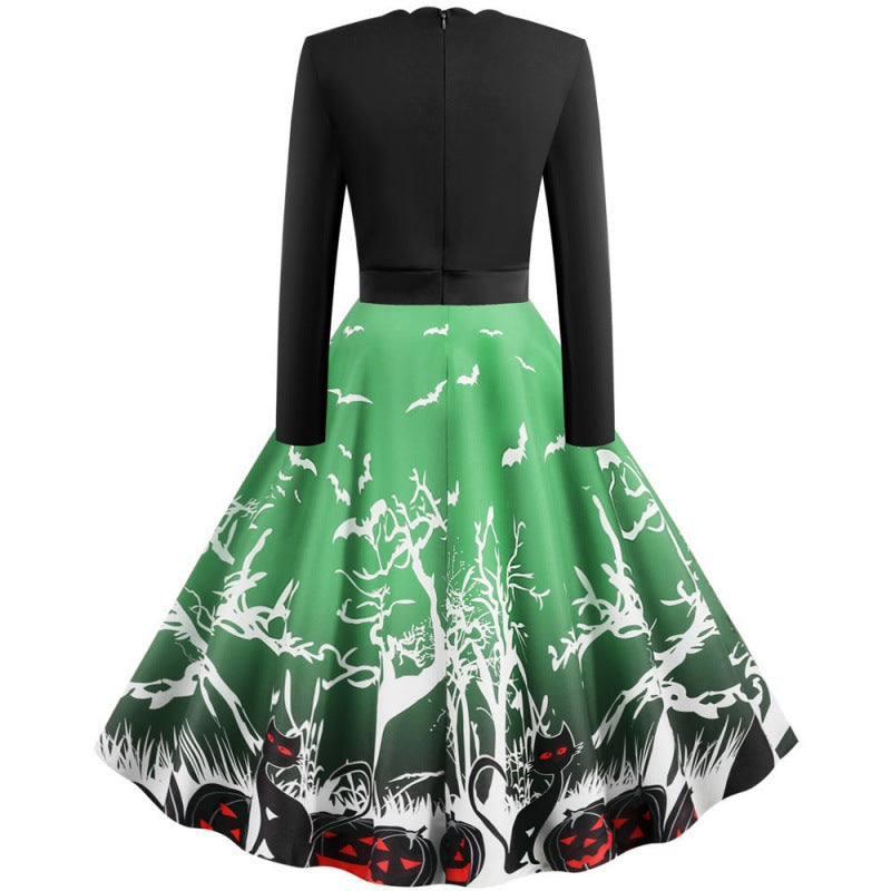 Damen Vintage Swingkleid mit gewelltem Ausschnitt, tailliertem Oberteil und Halloween-Print Drune