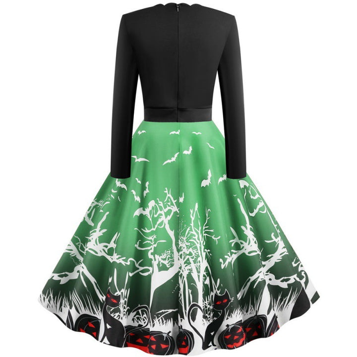 Damen Vintage Swingkleid mit gewelltem Ausschnitt, tailliertem Oberteil und Halloween-Print Drune