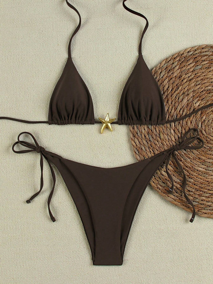 Damen Triangel-Bikini-Set mit verstellbaren Trägern und dekorativem Schmuckelement Drune