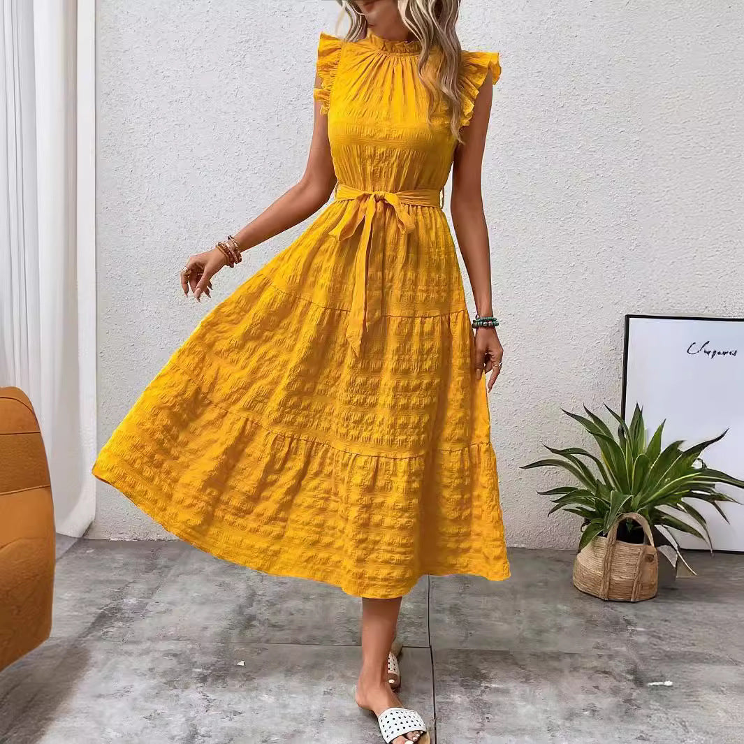 Damen Midikleid mit Stehkragen, Rüschenärmeln und Taillengürtel Drune