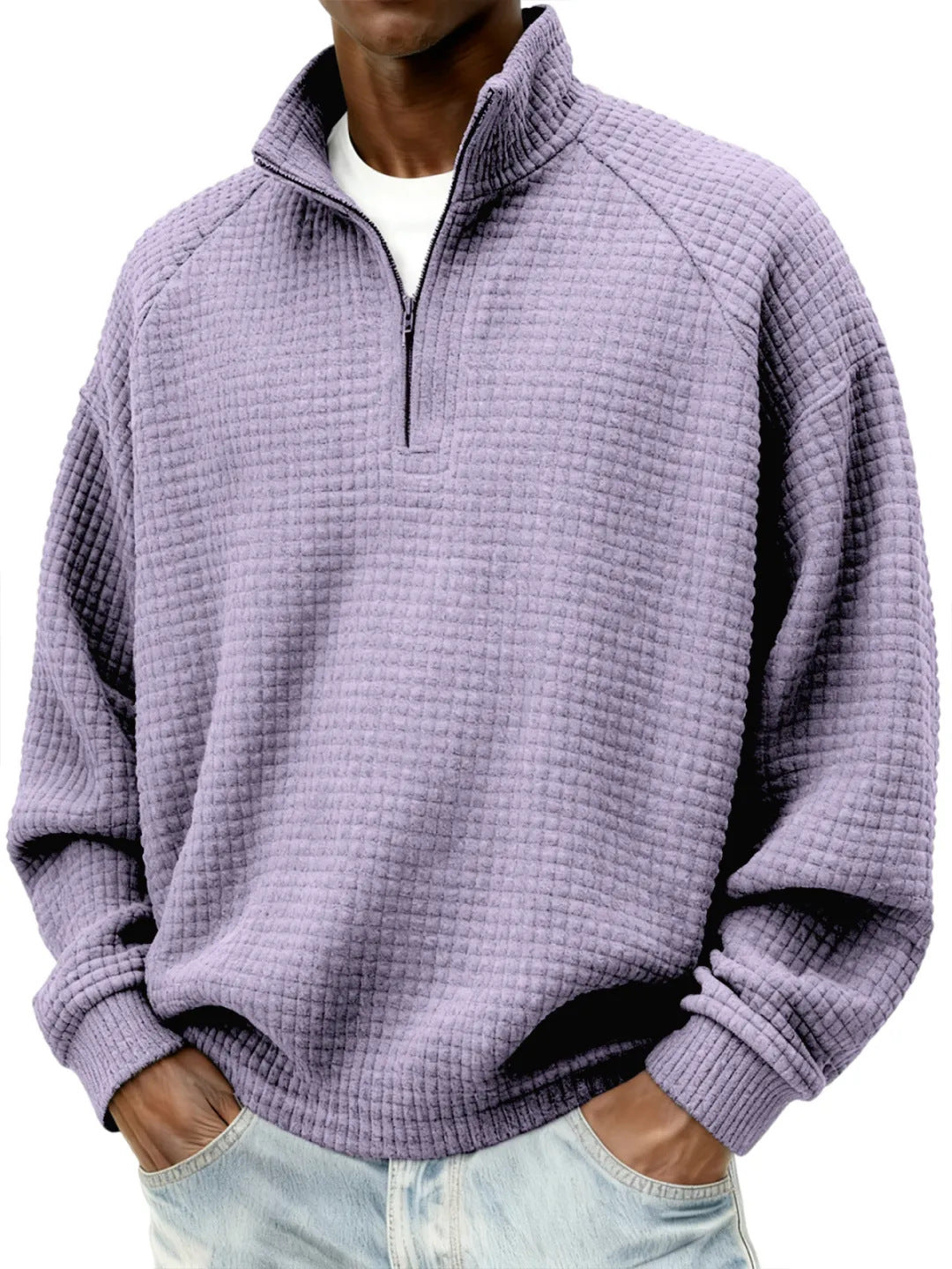 Herren Waffelstrick-Oversize-Pullover mit Halbreißverschluss und Stehkragen Drune