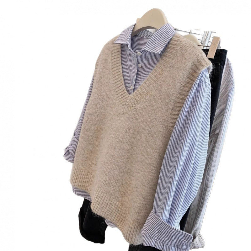 Damen stylischer V-Ausschnitt Strickpullover mit lässigem Denim-Layering Drune