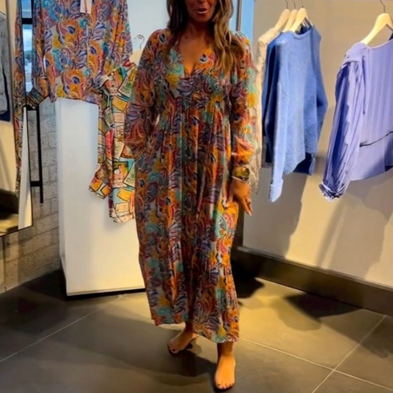 Damen nan Stufenmaxikleid im Boho-Stil mit Paisley-Print, V-Ausschnitt, geraffter Empire-Taille und elastischen Manschetten Drune