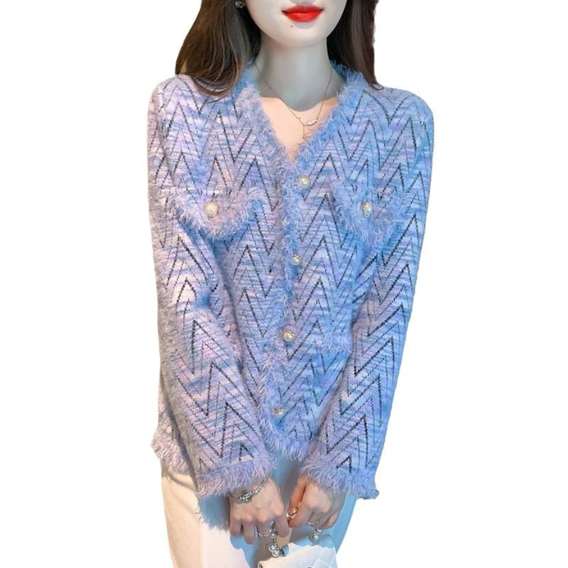 Damen modische Strickjacke mit schickem Zickzackmuster und eleganten Knopfdetails Drune