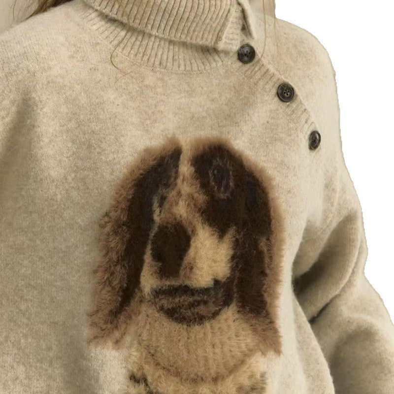 Damen Strickpullover mit tierischem Motiv und hochgeschlossenem Kragen Drune