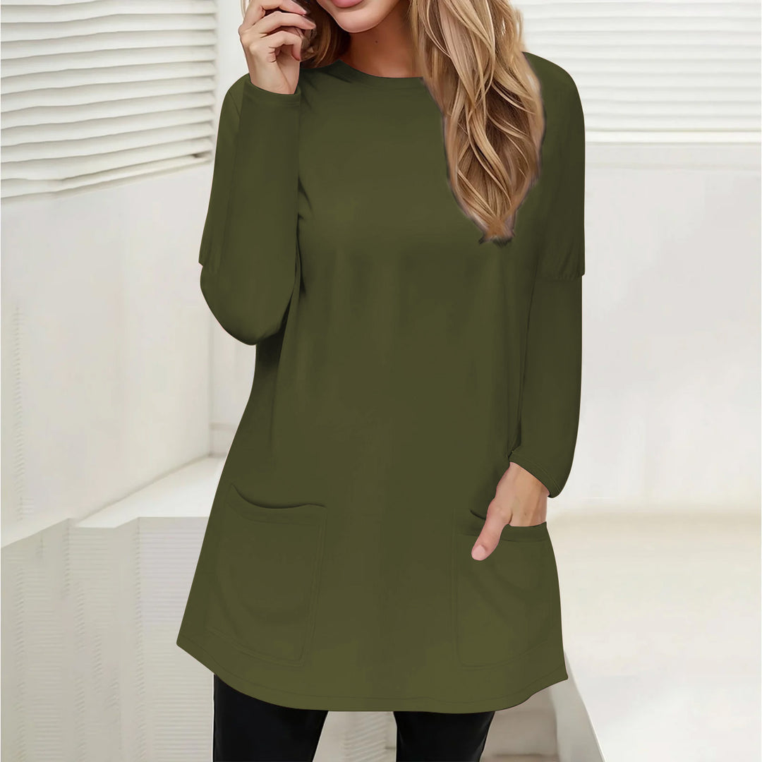 Damen Freizeit Longline Tunika mit Rundhalsausschnitt und aufgesetzten Taschen Drune