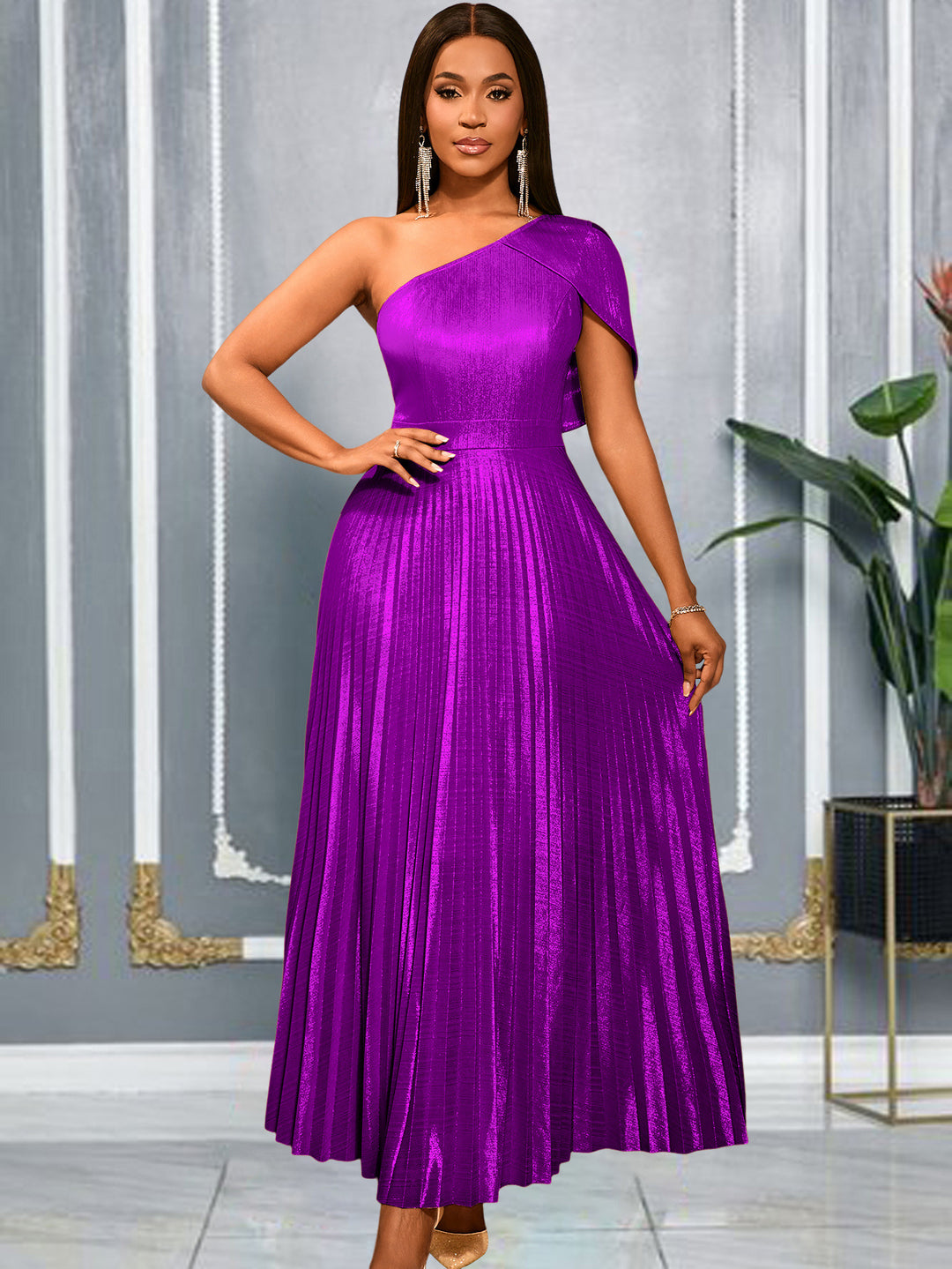 Damen Glamouröses Ein-Schulter Abendkleid mit Plissee-Falten Drune