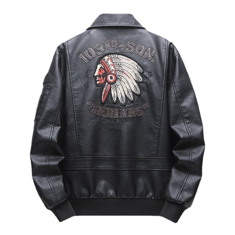 Herren Piloten‑Bomberjacke aus Kunstleder mit gestickten Patches und Rippbündchen Drune
