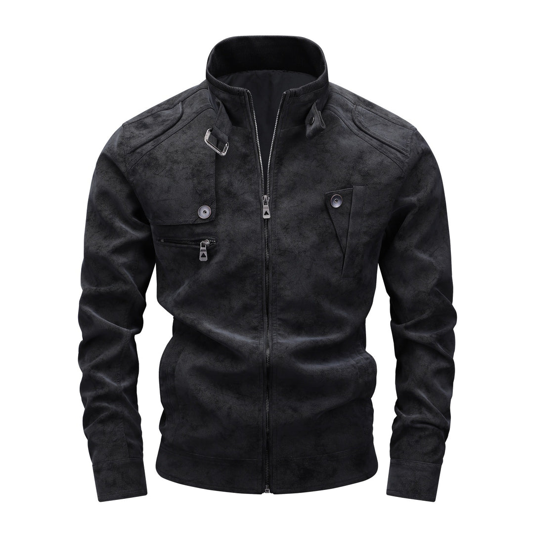 Herren Slim-Fit Biker-Bomberjacke aus Wildlederimitat mit Stehkragen und Zierknöpfen Drune