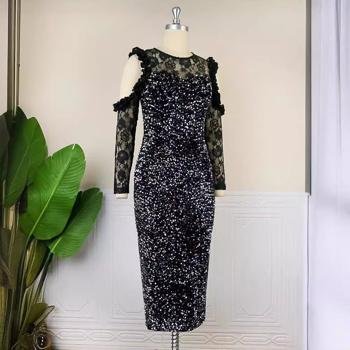 Damen glamouröses Abendkleid mit funkelnden Pailletten und Spitzenärmeln Drune