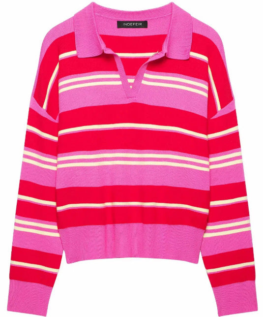 Damen Cropped Rugby-Strickpullover mit Kentkragen und V‑Ausschnitt Drune