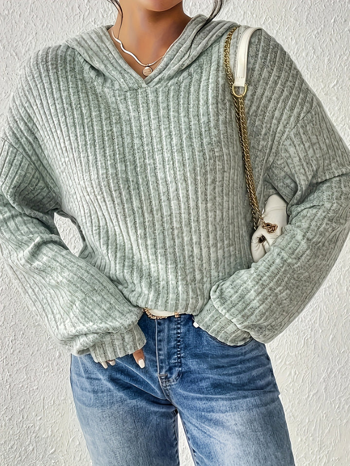 Damen Gerippter Kapuzenpullover mit V-Ausschnitt und Oversize-Ärmeln Drune