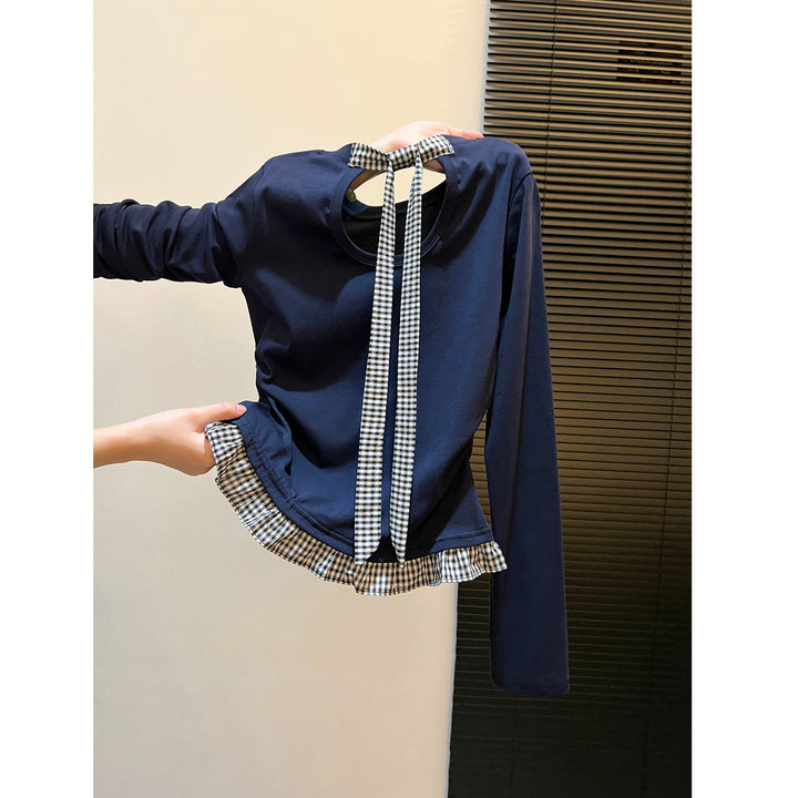 Damen Langarmshirt mit asymmetrischem Rüschenrand und dekorativem Rückenteil Drune