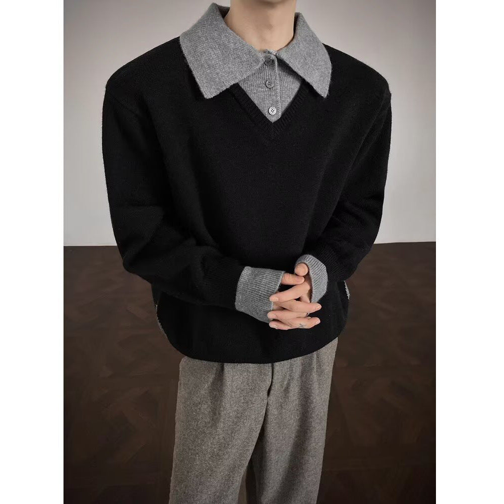 Herren Modischer Strickpullover mit V-Ausschnitt und Kontrastkragen Drune