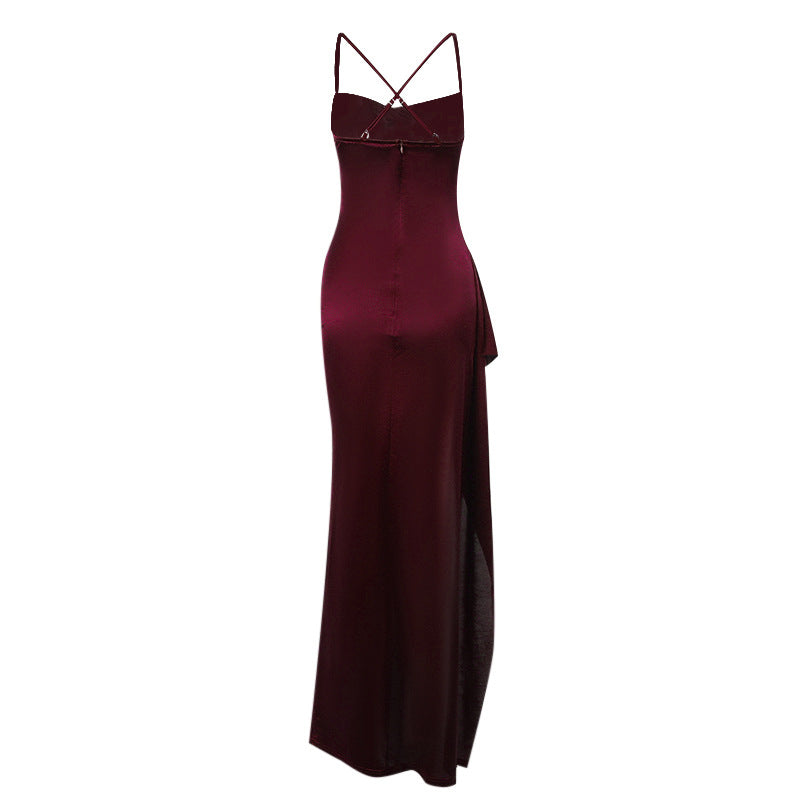 Damen elegantes Satin-Kleid mit tiefem Schlitz und verstellbaren Spaghetti-Trägern Drune