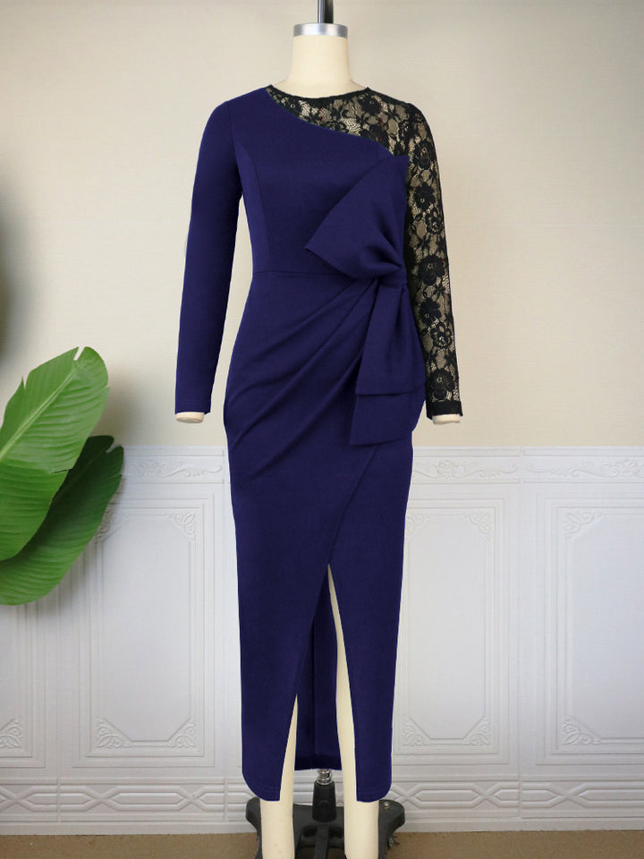 Damen elegantes Etuikleid mit aufwendigem Spitzenärmel und drapiertem Saum Drune