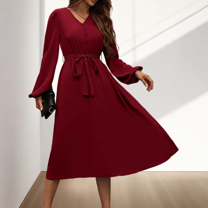 Damen Midikleid mit Taillengürtel und Knopfdetails Drune