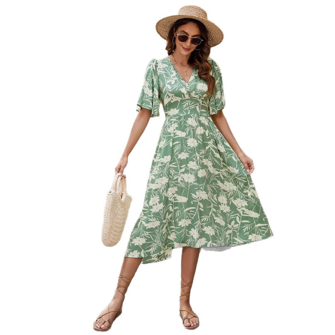 Damen fließendes Midikleid mit Blumendesign Drune