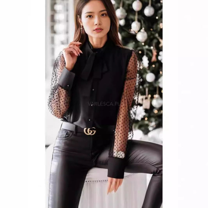 Damen Bluse mit transparenten Puffärmeln und filigranem Schleifen-Detail Drune