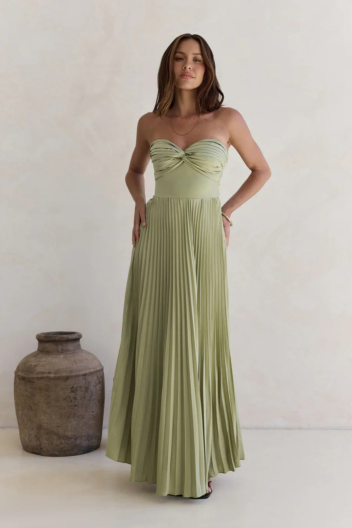 Damen Langärmliges Plisseekleid mit elegantem Oberteil und fließendem Rock Drune