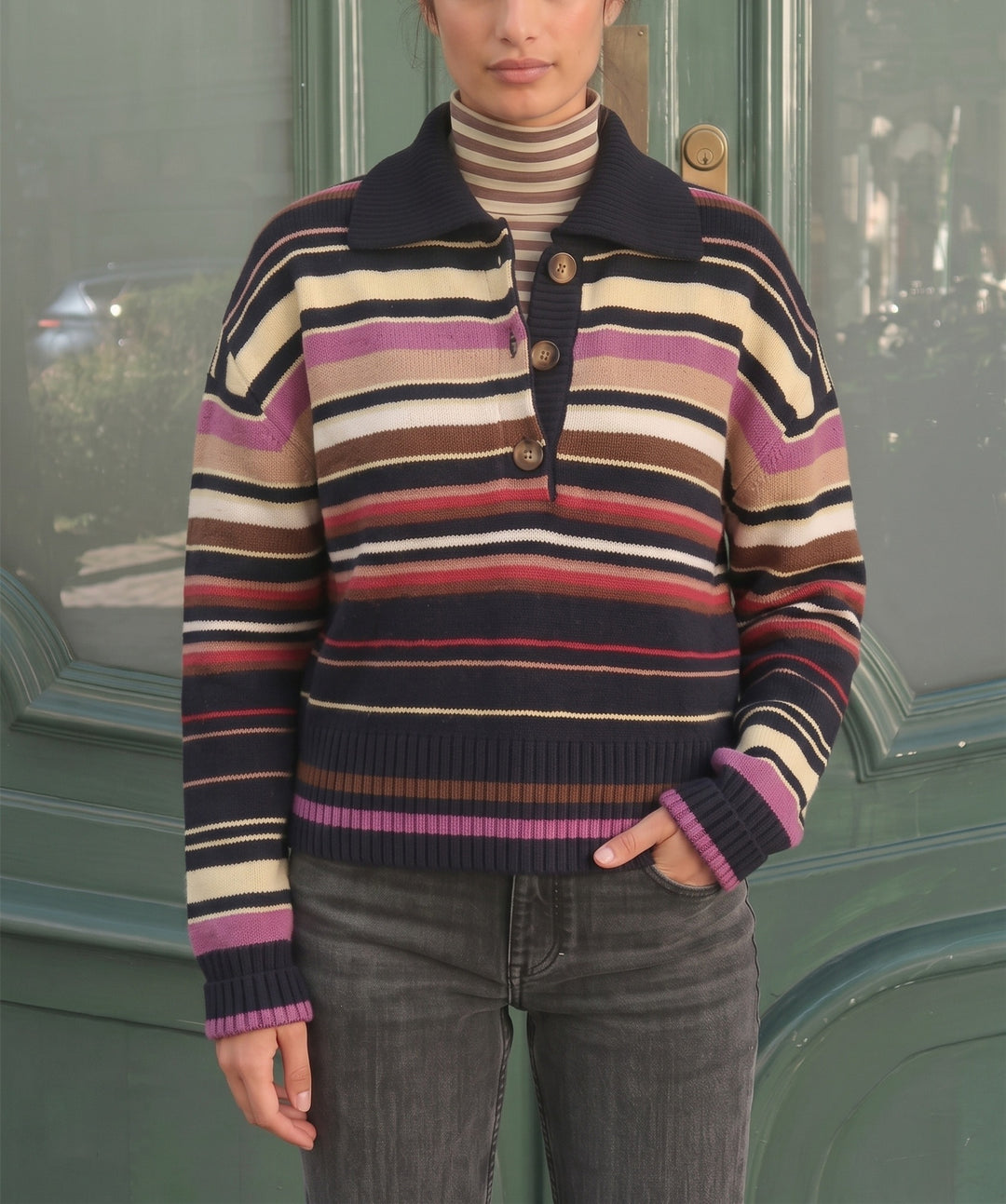 Damen Gestreifter Strickpullover mit Polokragen & Knopfleiste Drune