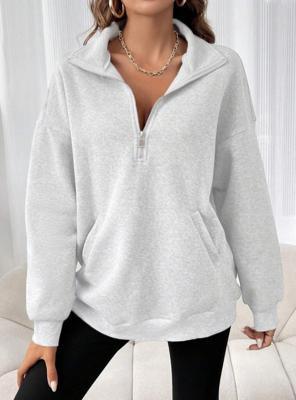 Damen Oversize Sweatshirt mit halbem Reißverschluss, Kängurutasche und Stehkragen Drune