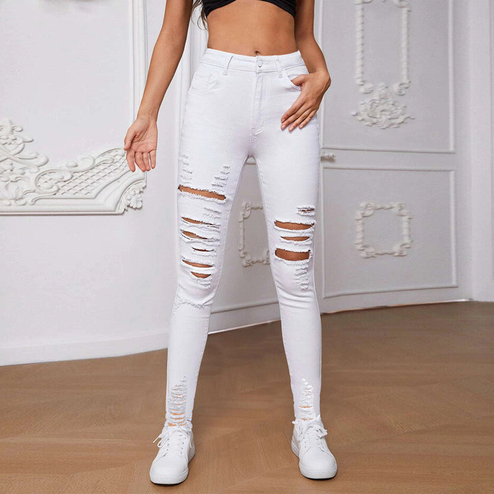 Damen hoch geschnittene Skinny Jeans mit trendigen Rissdetails und figurformendem Design Drune