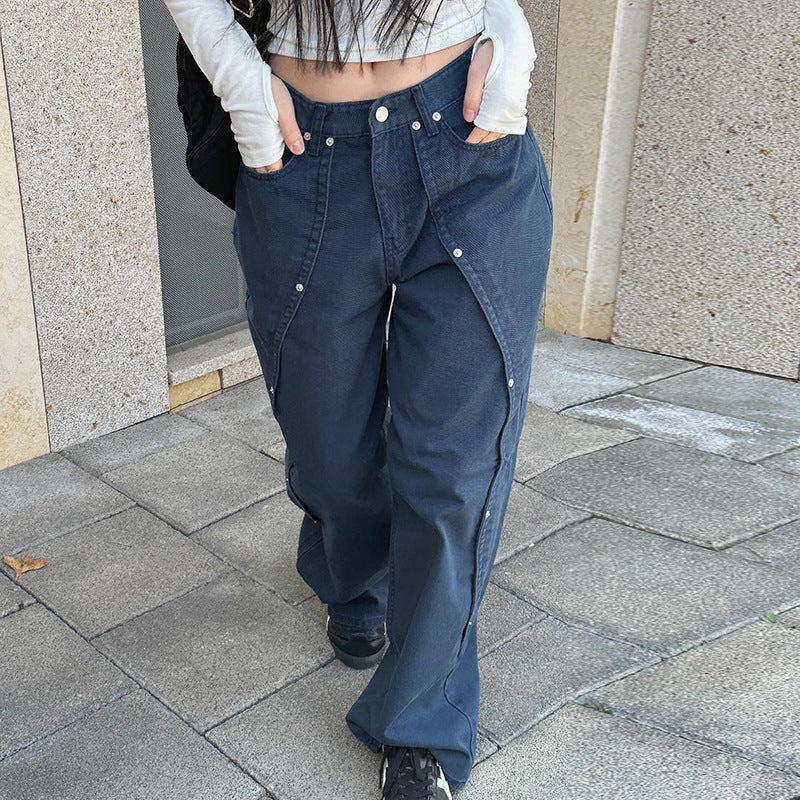 Damen Weite Utility-Hose mit dekorativen Druckknöpfen und modernen Akzenten Drune