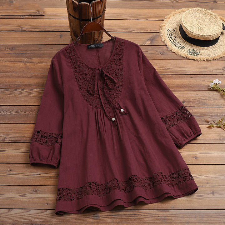 Damen Lässige Tunika-Bluse mit Häkelspitze, Bindekragen und dreiviertel Ärmeln Drune