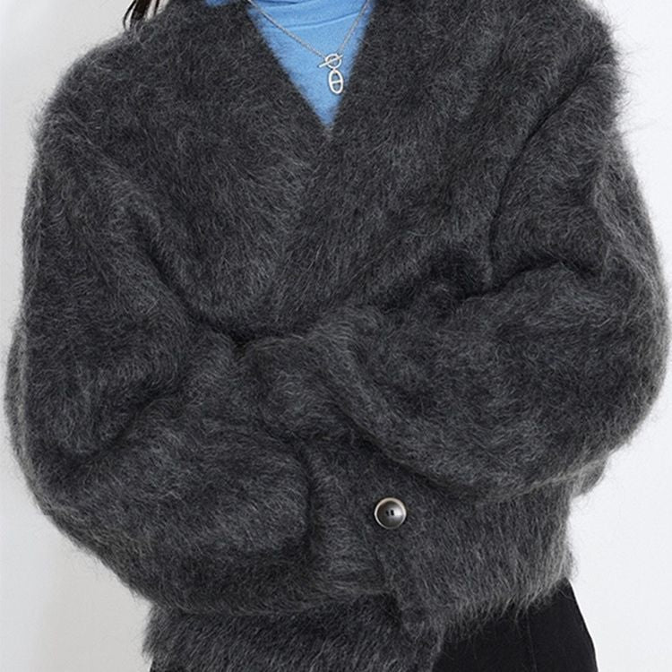 Damen elegante Strickjacke mit modernem Schnitt und hohen Kragen Drune