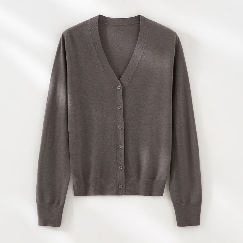 Damen Minimalistischer Merino‑Blend Cardigan mit V‑Ausschnitt und feinen Rippabschlüssen Drune