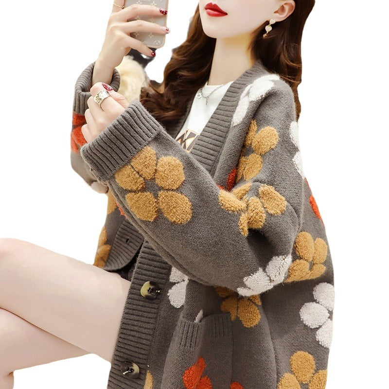 Damen Gemusterter Strickmantel mit floralen Applikationen und oversized Schnitt Drune