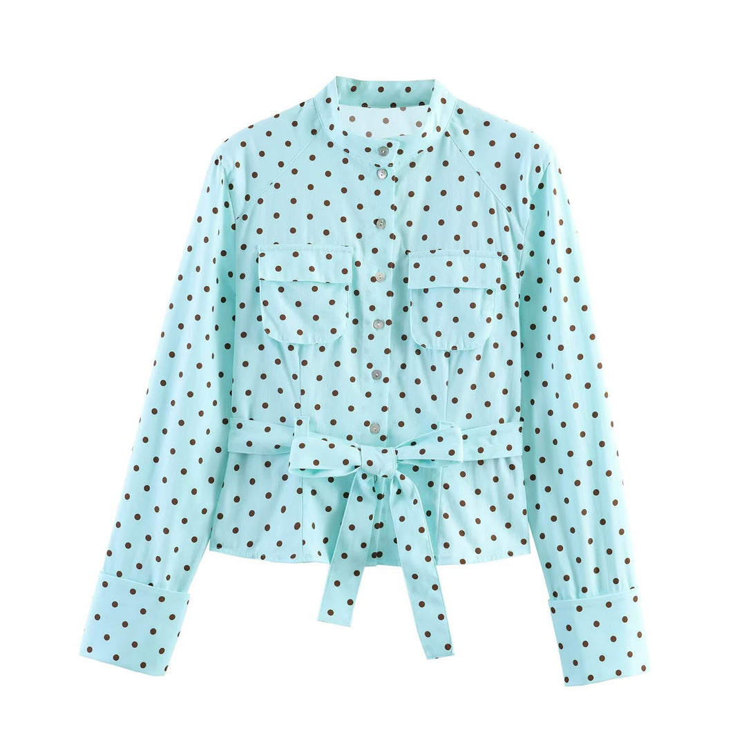 Damen Gepunktete Taillierte Blusenjacke mit Stehkragen, Brusttaschen und Taillenband Drune