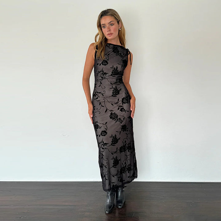 Damen Elegantes Maxikleid mit floralem Spitzenmuster und ärmellosem Design Drune