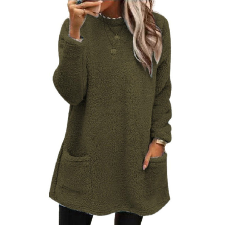 Damen nan kuscheliger langer Teddy-Pullover Oversize mit Rundhalsausschnitt und Eingrifftaschen Drune